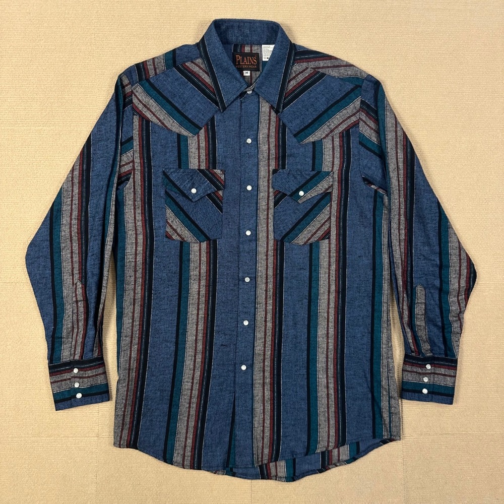 Plains Western Wear Pearl Snap Flannel Shirt Mens M Blue Striped Long Sleeve